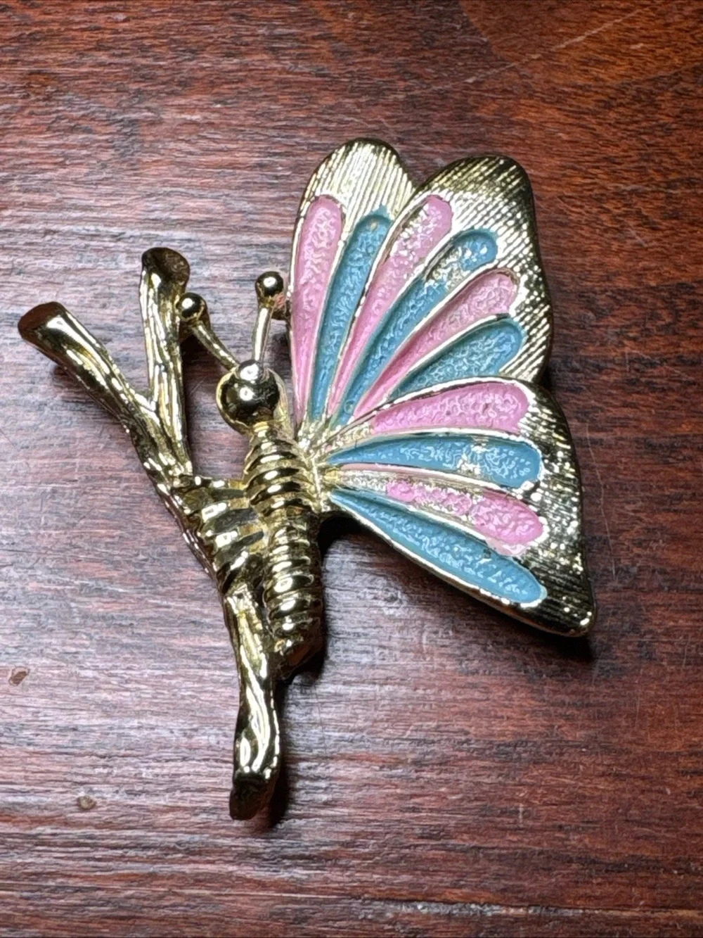 Gold Butterfly Brooch with Pink and Blue Enamel Accents signed Gerry’S